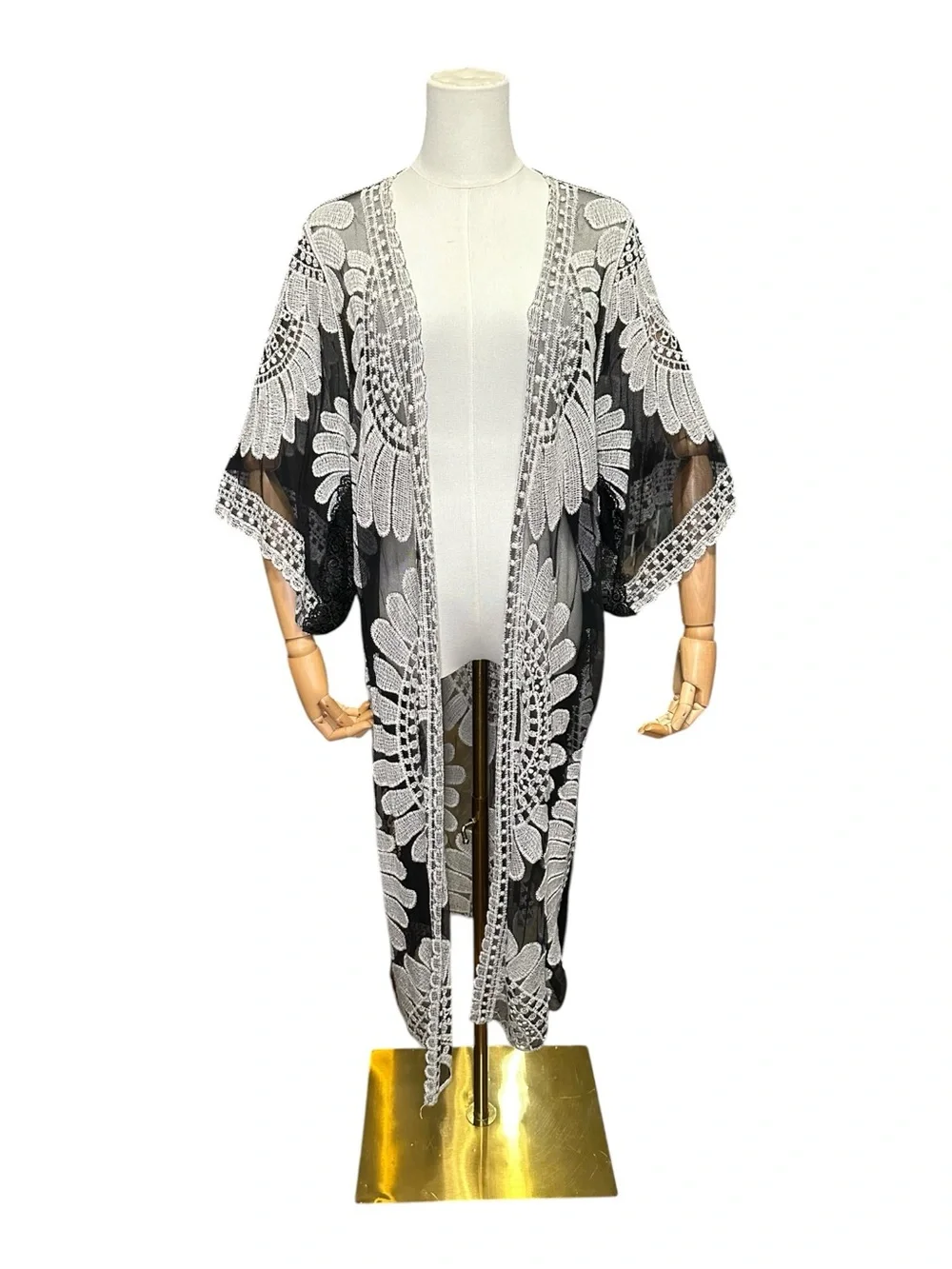 Black & White Embroidered Swim Cover-Up Kimono - Picture 2 of 9